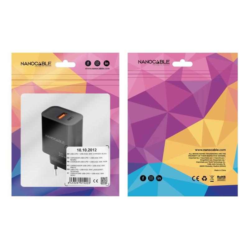 Cargador nanocable usb - c - pd+usb - a - qc 30w negro