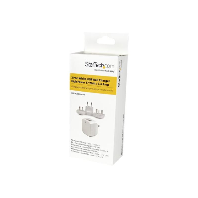 Cargador pared startech usb2pacwh 17w 2x usb tipo a blanco