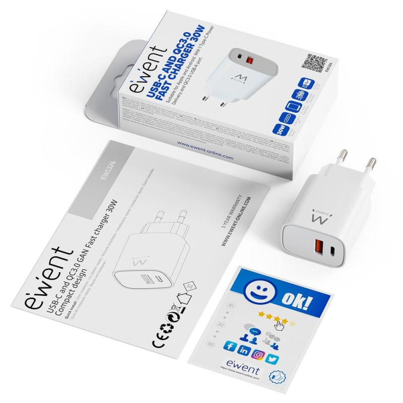 Cargador ewent ew1326 30w usb tipo a - usb tipo c