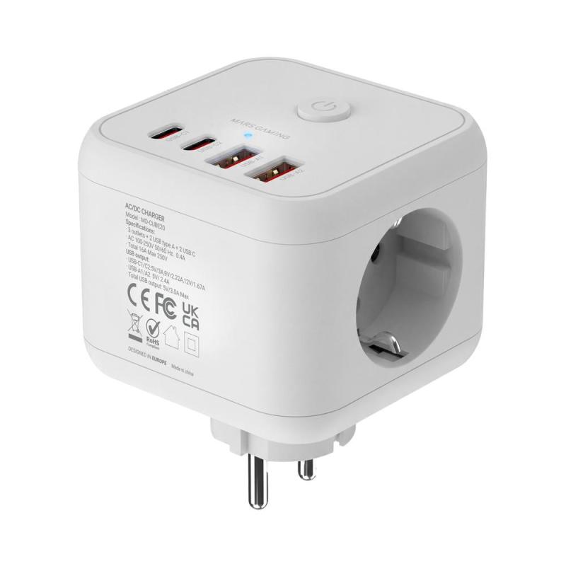 Cargador de pared mars gaming md - cube20w 20w 3x schuko 2x usb tipo c 2x usb tipo a blanco