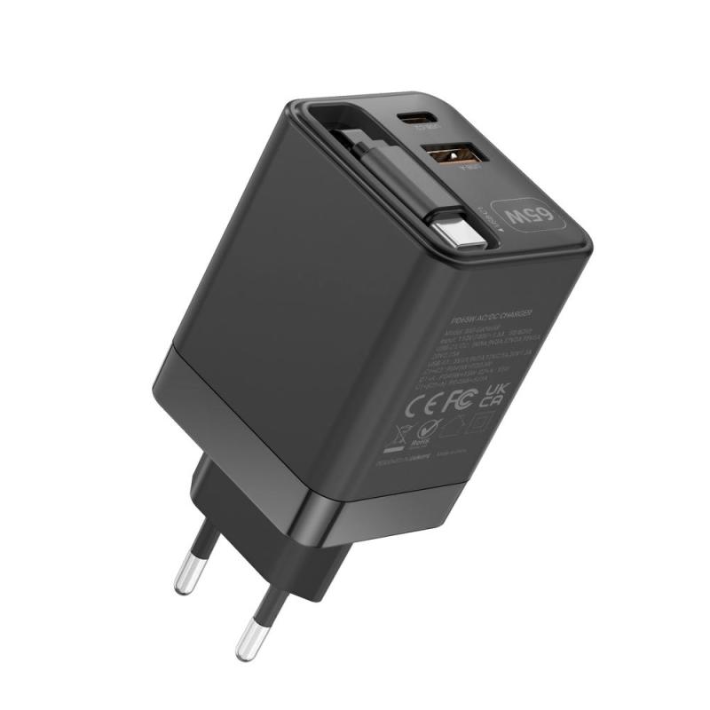 Cargador de pared mars gaming md - gan65r 65w 1x usb tipo c 1 x usb tipo a cable retractil usb tipo c negro