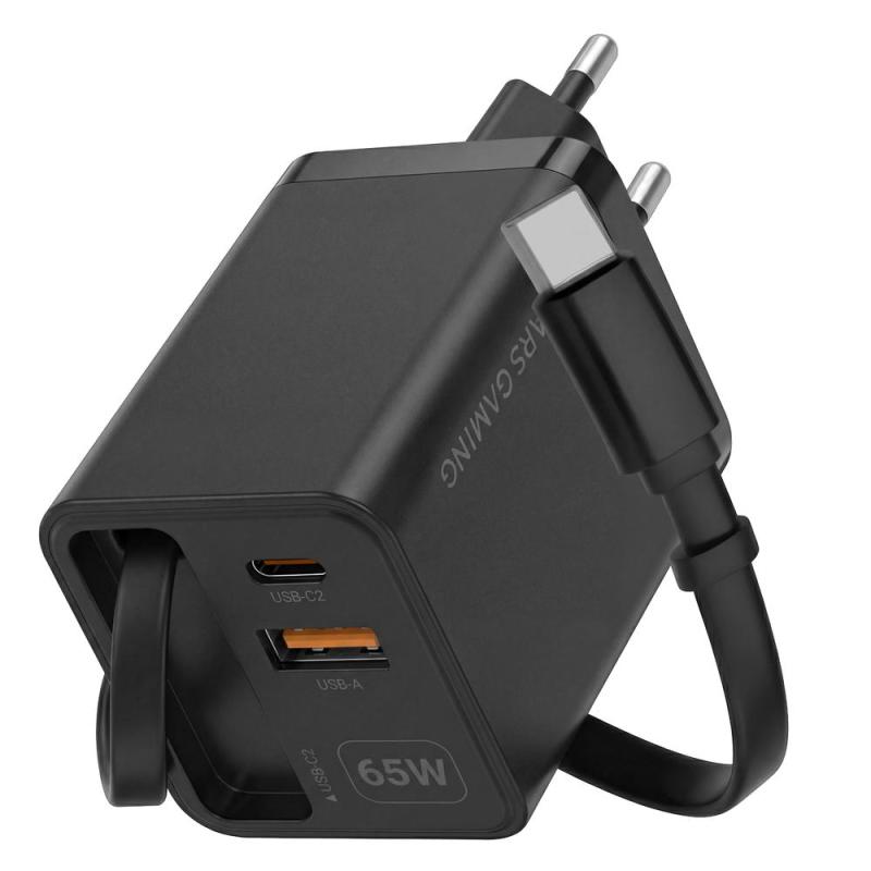 Cargador de pared mars gaming md - gan65r 65w 1x usb tipo c 1 x usb tipo a cable retractil usb tipo c negro