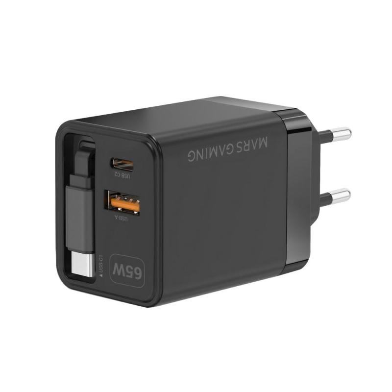 Cargador de pared mars gaming md - gan65r 65w 1x usb tipo c 1 x usb tipo a cable retractil usb tipo c negro