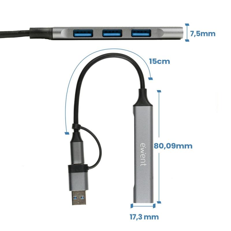 Hub ewent usb tipo c - usb 3.2 4 en 1