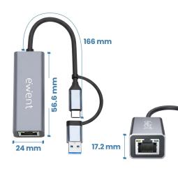 Adaptador de red usb tipo c - usb 3.2 a rj45 ewent 15cm - macho - hembra - gris