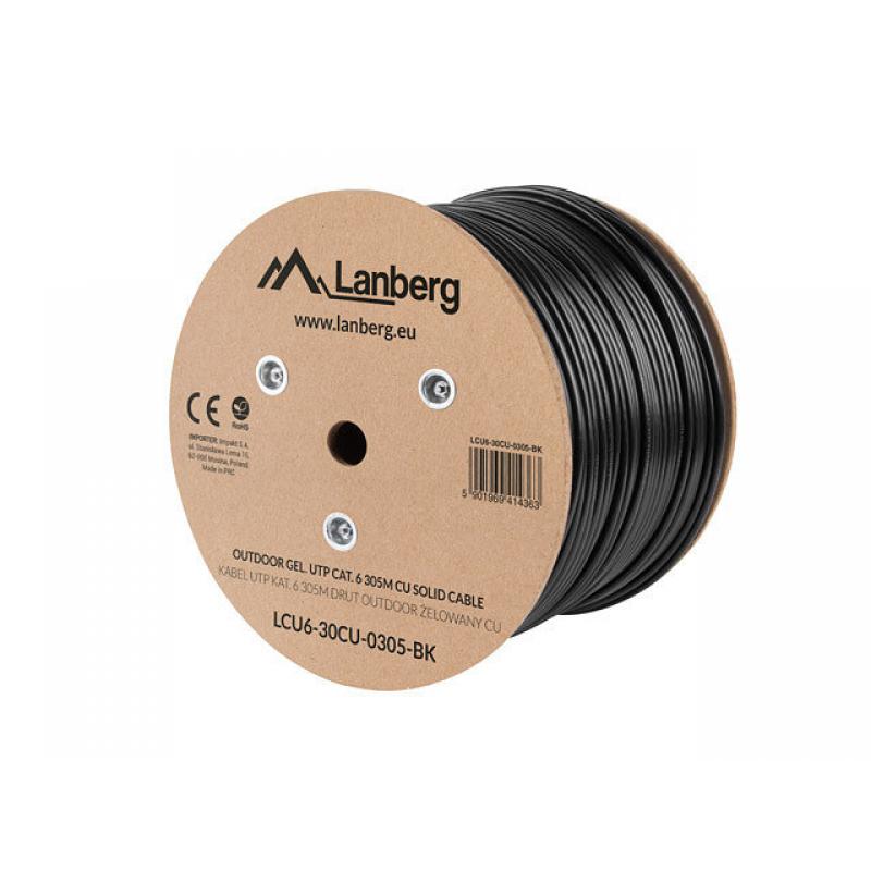 Bobina para exterior lanberg cat.6  utp rj45 cobre gel - filled fluke awg23 305m negro - Imagen 1