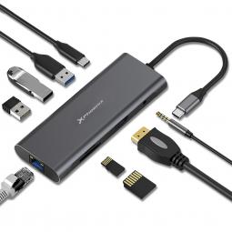 Docking statión portable hub usb tipo c phoenix 9 en 1 ethernet rj45 hdmi 4k 3 usb 3.0 lector de tarjetas jack 3.5mm pd hasta 10