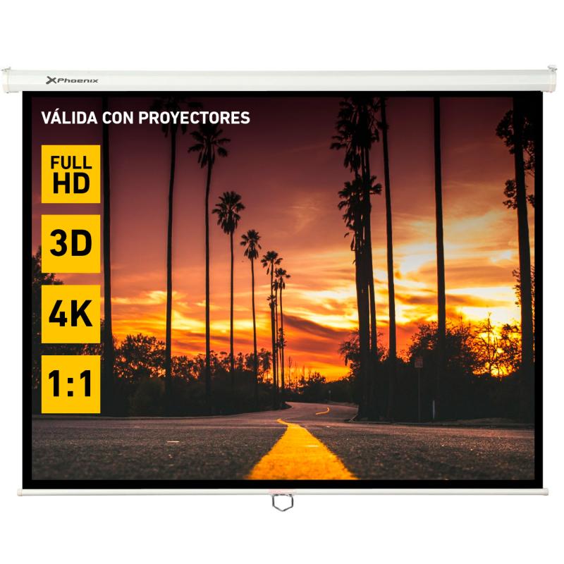 Pantalla manual videoproyector pared y techo phoenix 169´´ ratio: 1:1 - 4:3 - 16:9 -   3m x 3m posicion ajustable - carcasa blan