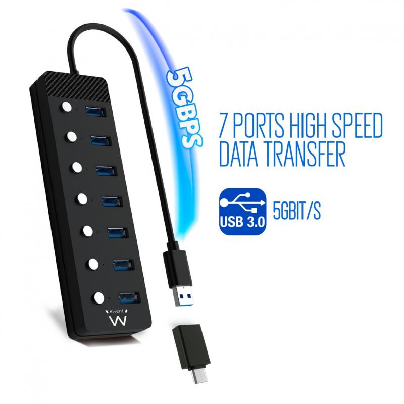 Hub ewent 7 puertos usb 3.0 + interruptor - usb tipo a + adaptador usb tipo c