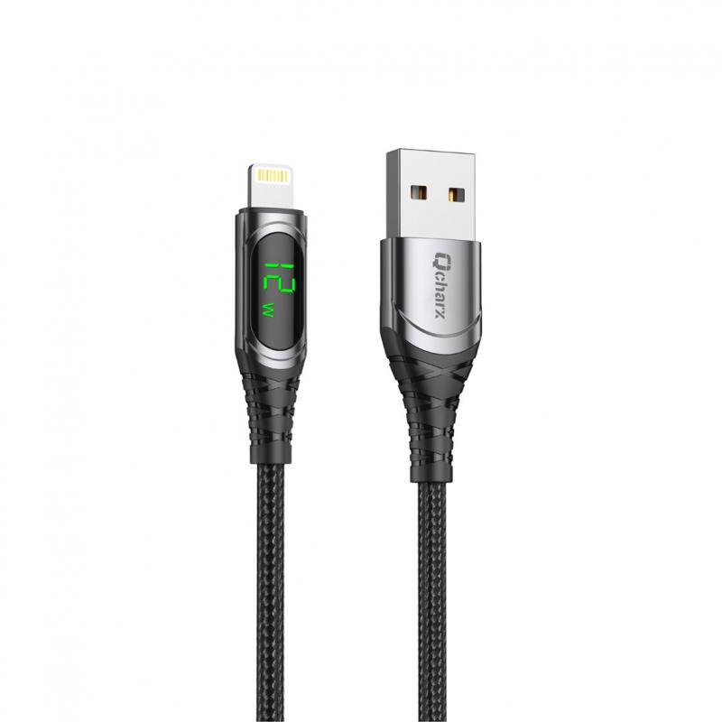 Cable qcharx formentera usb a a lightning 3a - 1 m - aleación aluminio negro cable suave digital display