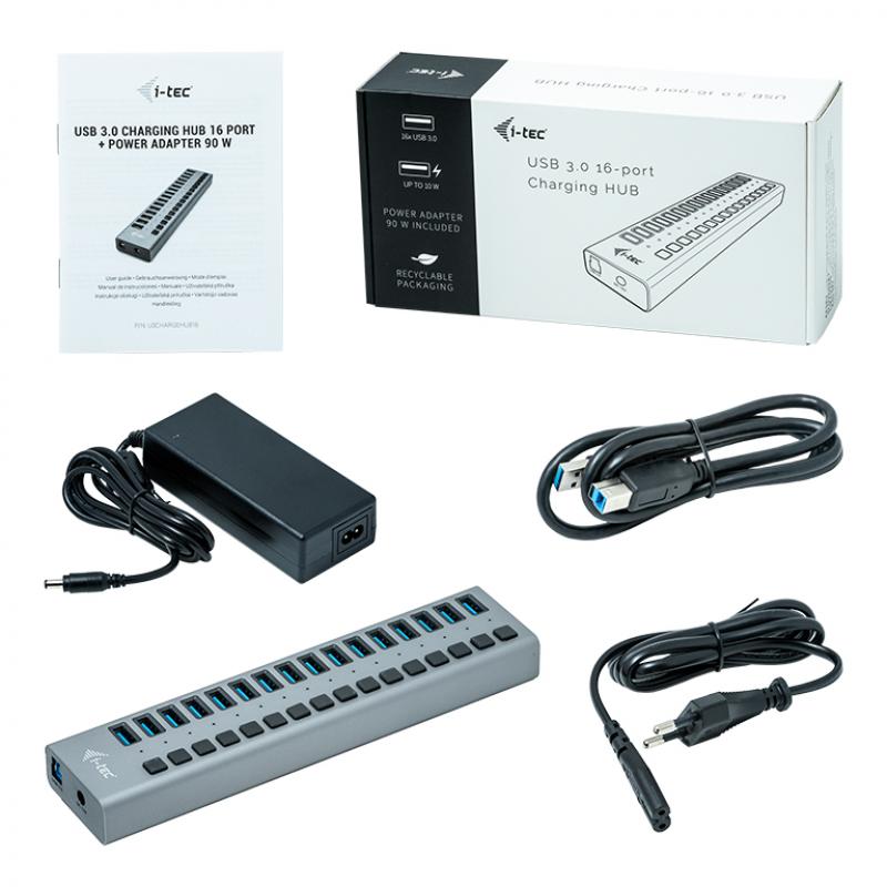 Usb 3.0 hub de carga con 16 puertos usb 3.0 y adaptador de alimentacion 90w