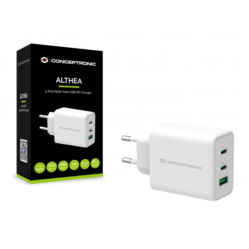 Cargador conceptronic carga rapida pd 1 puerto usb tipo a - 2 puertos usb tipo c - althea - 65w - blanco