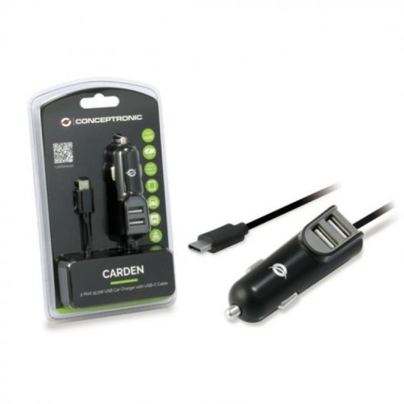 Cargador coche conceptronic carden05b con cable usb tipo c + 2 puertos usb tipo a 5v - 3.1a 15.5w