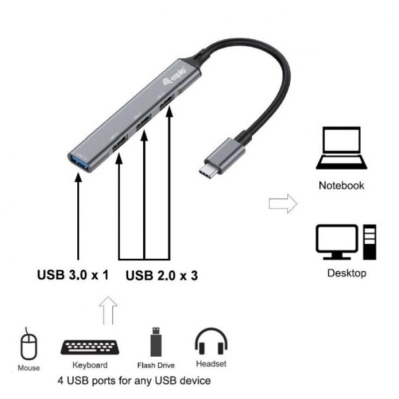 Hub usb tipo c equip life 1 x usb tipo c - 3 x usb 2.0 - aluminio