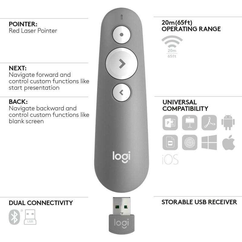 Mando wireless inalambrico logitech r500s para presentaciones -  bluetooth -  gris medio