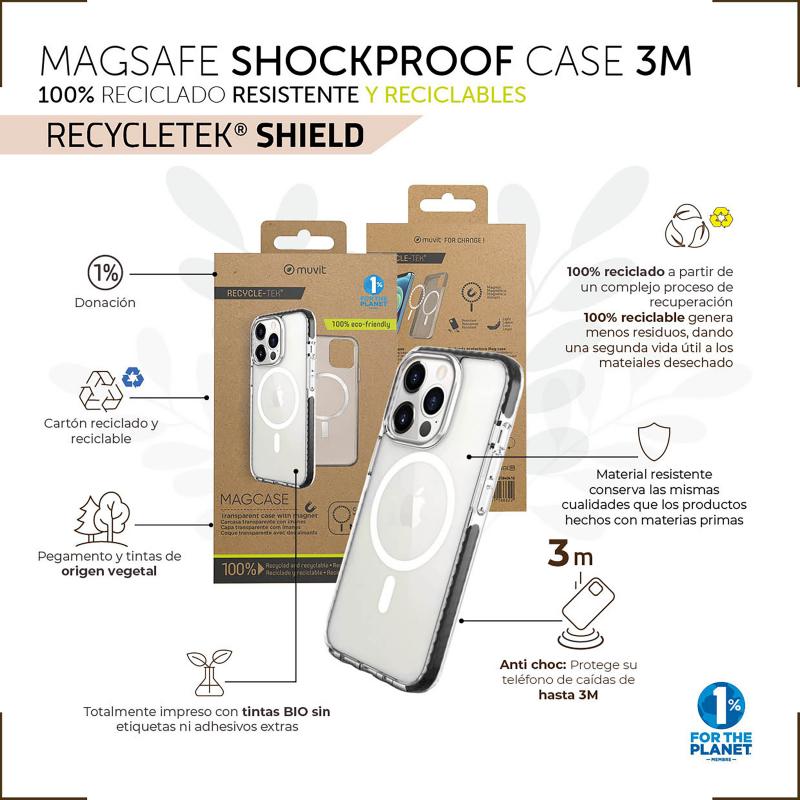 Funda muvit recycletek magsafe shockproof 3m para apple iphone 14 transparente - negra