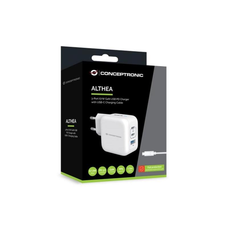 Cargador de pared conceptronic althea17w 67w + cable usb tipo c blanco