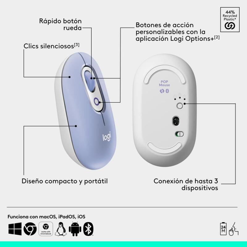 Raton inalambrico logitech pop mouse lila