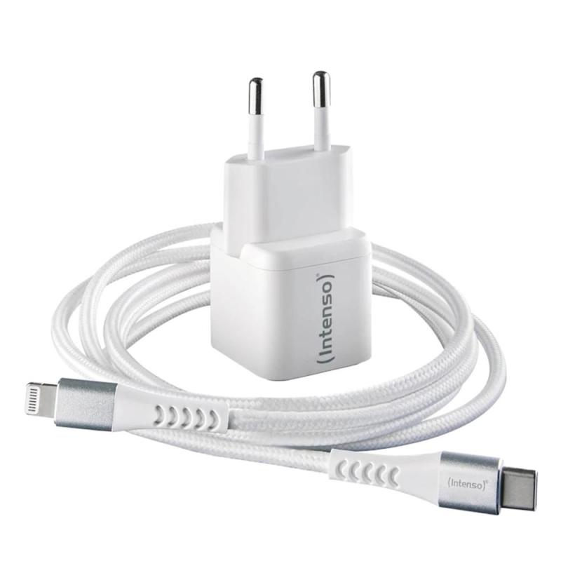 Cargador pared intenso gan w30c usb tipo c blanco + cable usb tipo c a lightning