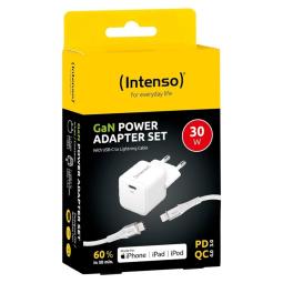 Cargador pared intenso gan w30c usb tipo c blanco + cable usb tipo c a lightning