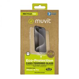 Funda muvit recycletek para apple iphone 16 pro transparente + protector cristal templado marco negro