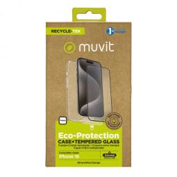 Funda muvit recycletek para apple iphone 16 transparente + protector cristal templado marco negro