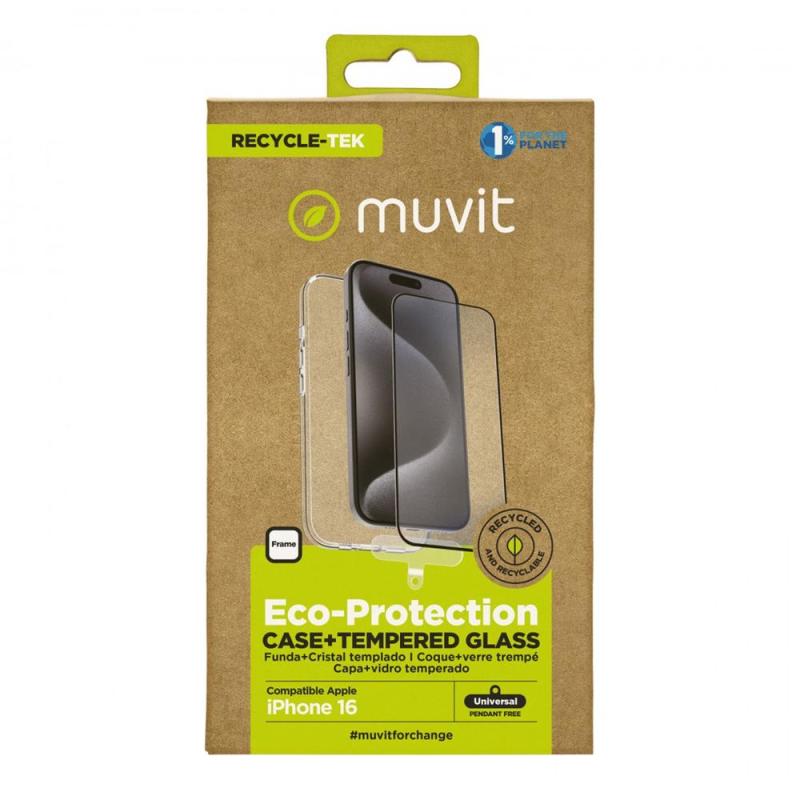 Funda muvit recycletek para apple iphone 16 transparente + protector cristal templado marco negro